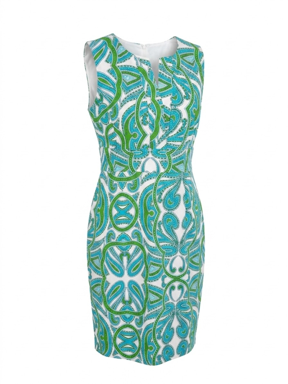 Jude Connally Green and Teal Printed Midi Sheath Dress